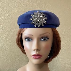 Vintage cobalt blue velour beret style hat with statement rhinestone pin
